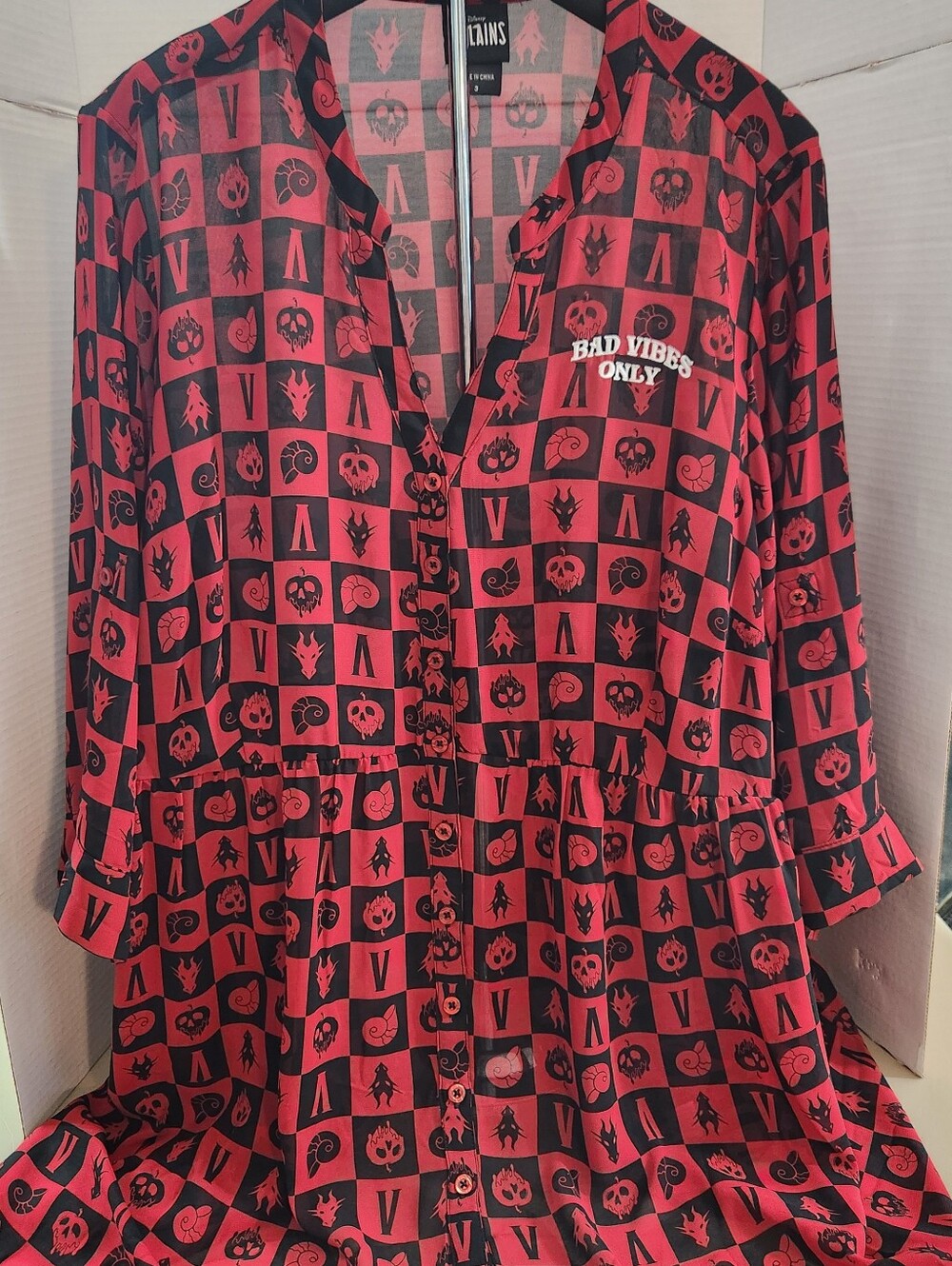 Torrid Disney Villians Red & Black 'Bad Vibes Only'Checkerboard Hi Low Sheer Top
